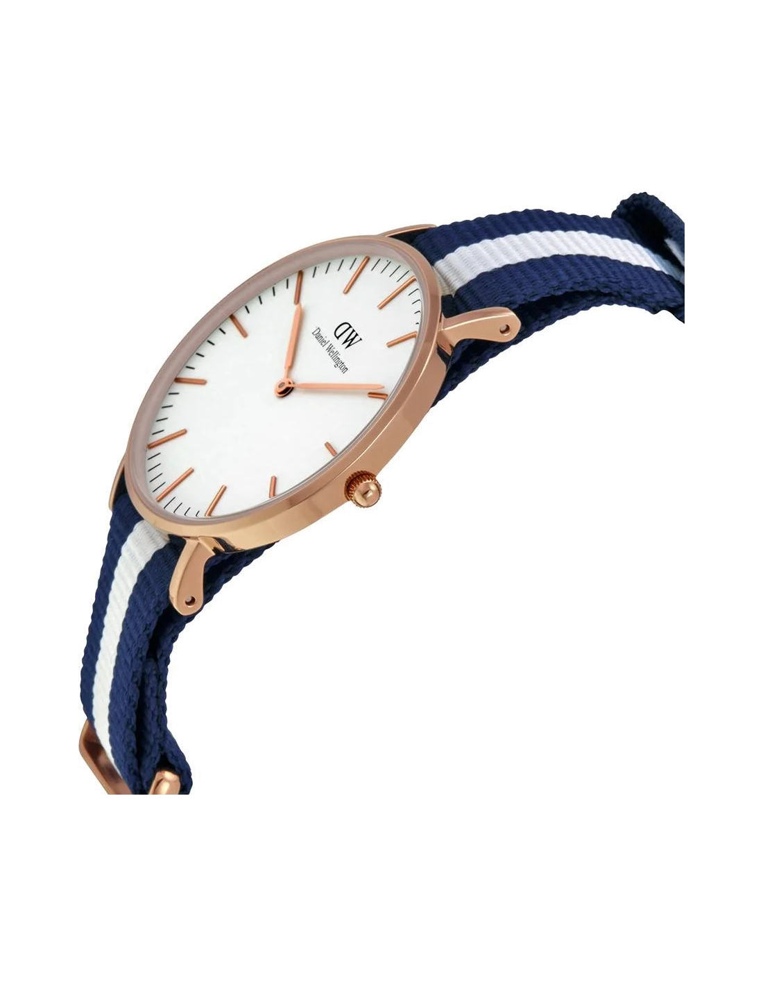 Montre Daniel Wellington Classic Glasgow DW00100031 - Cadran blanc, boîtier or rose, bracelet NATO bleu et blanc - Unisexe vue 2