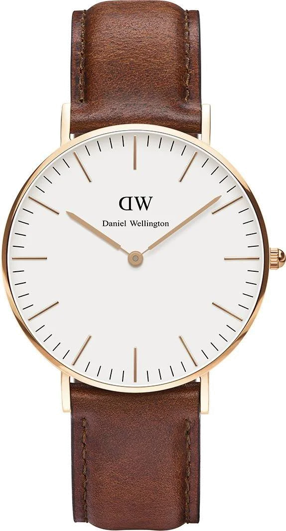 Montre Daniel Wellington Classic St Mawes 36 mm Or Rose Cadran Blanc Bracelet Cuir Marron DW00100035 - Unisexe