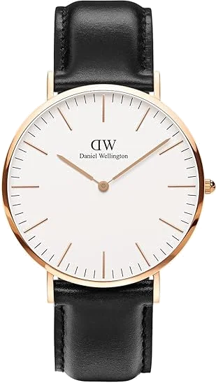 Montre Daniel Wellington Classic Sheffield DW00100036, cadran blanc 36 mm, boîtier or rose, bracelet cuir noir - Unisexe