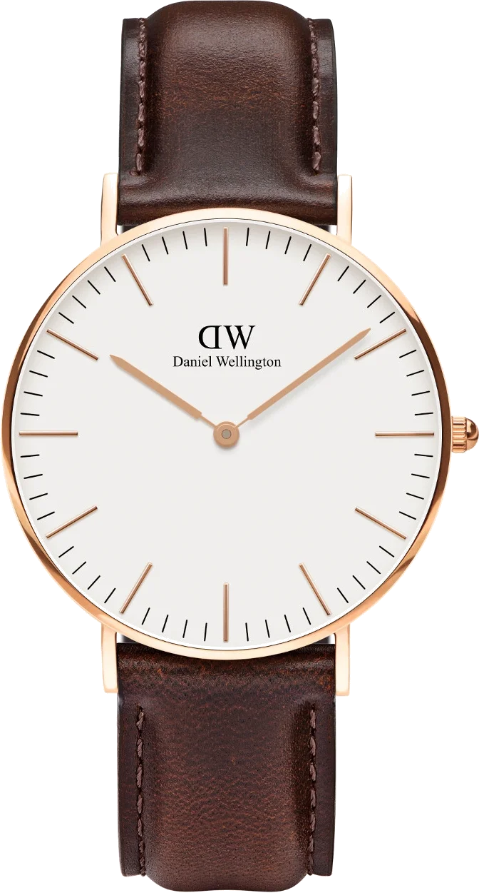 Montre Daniel Wellington Classic Bristol DW00100039, boîtier or rose 36mm, cadran blanc, bracelet cuir marron - Unisexe