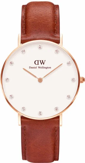 Montre Daniel Wellington Classy St Mawes DW00100075 - Cadran 34mm Blanc, Boîtier Or Rose, Bracelet Cuir Marron pour Femme