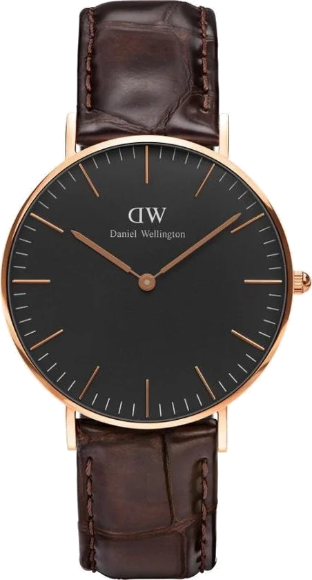 Montre Daniel Wellington Classic Black York DW00100140 - Cadran noir, boîtier or rose, bracelet cuir marron pour femme