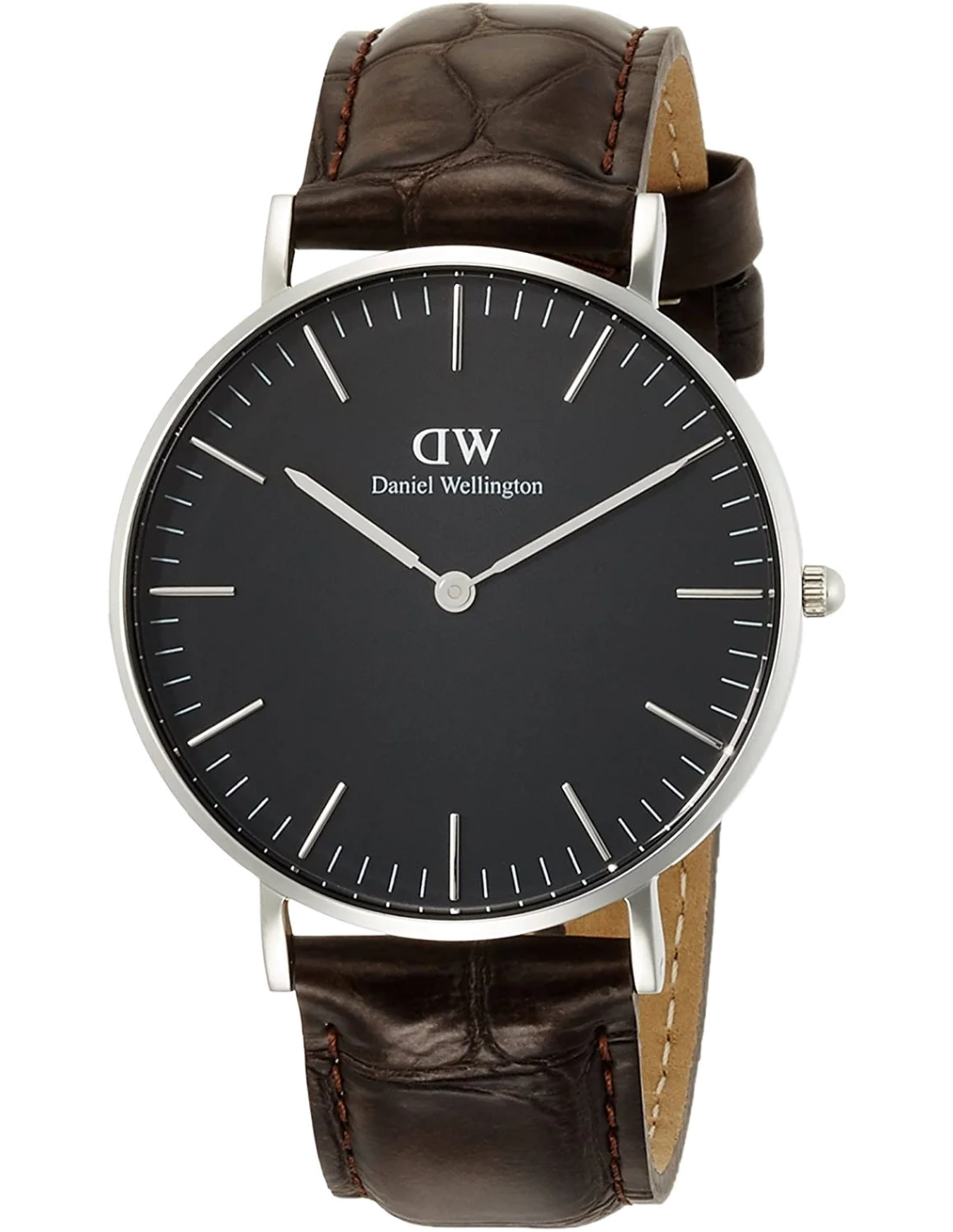 Montre Daniel Wellington DW00100146 pour Femme, Cadran Noir, Boîtier Argent, Bracelet Cuir Marron