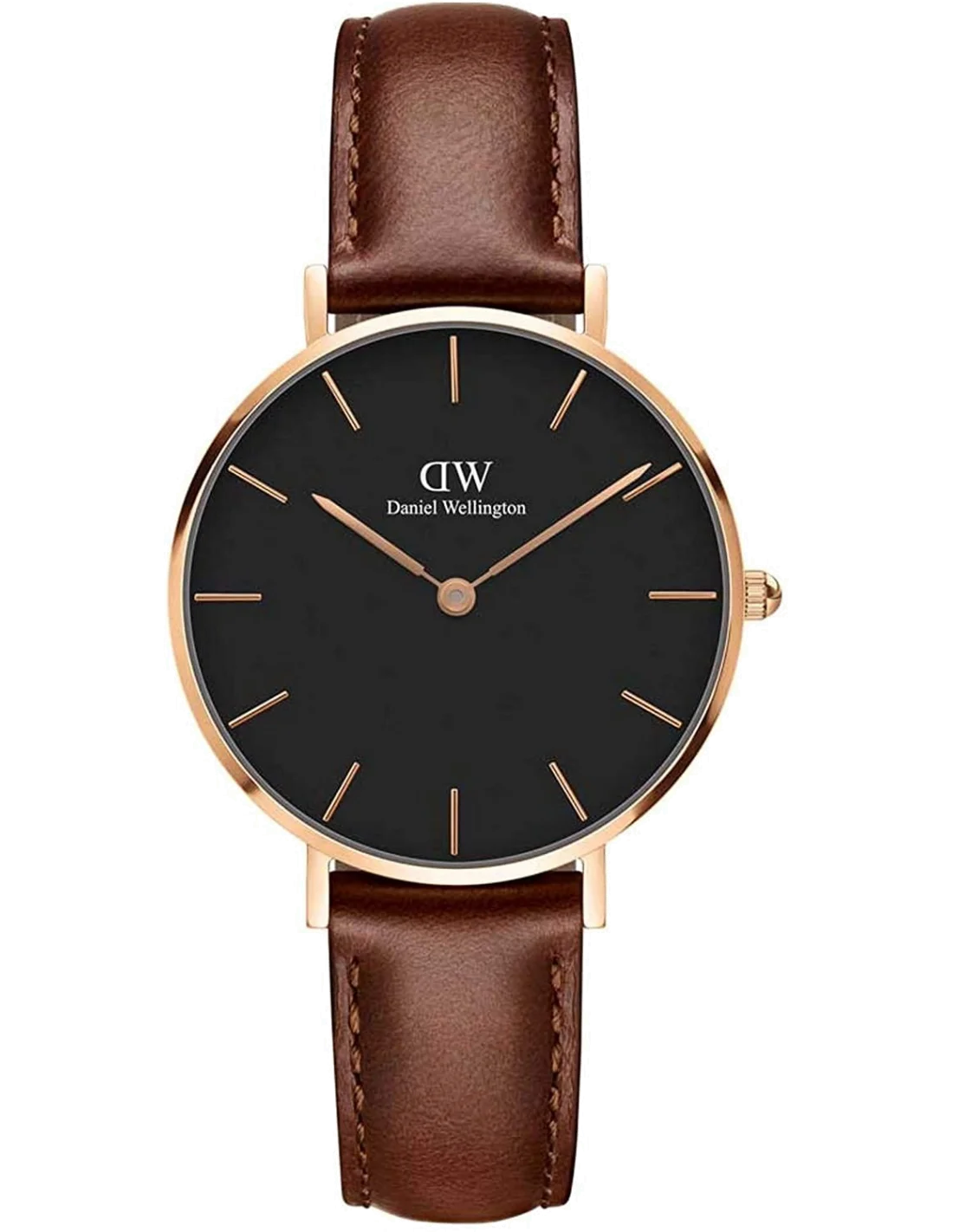 Montre Femme Daniel Wellington DW00100169 Cadran Noir Boîtier Or Rose Bracelet Cuir Marron