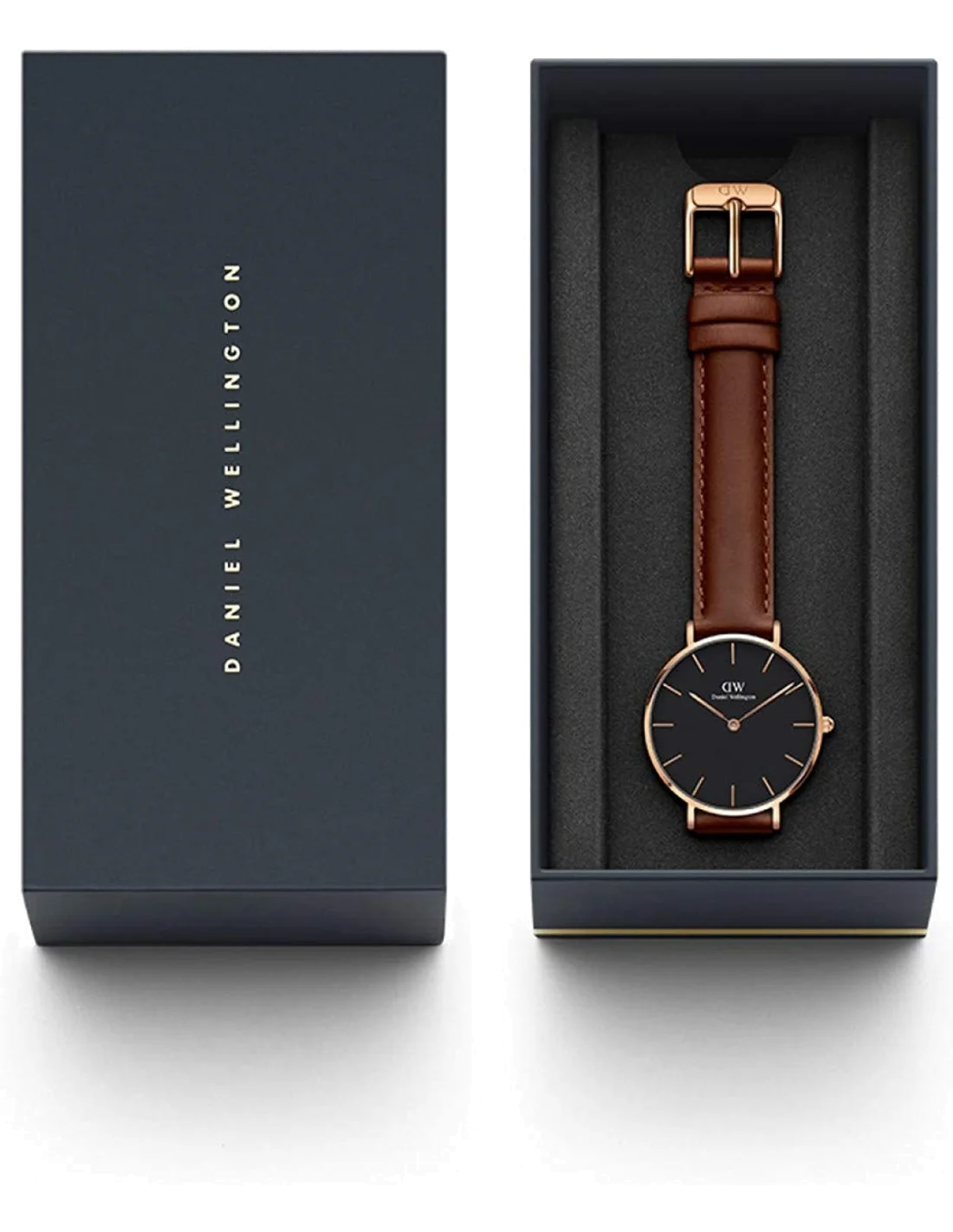 Montre Femme Daniel Wellington DW00100169 Cadran Noir Boîtier Or Rose Bracelet Cuir Marron vue 3