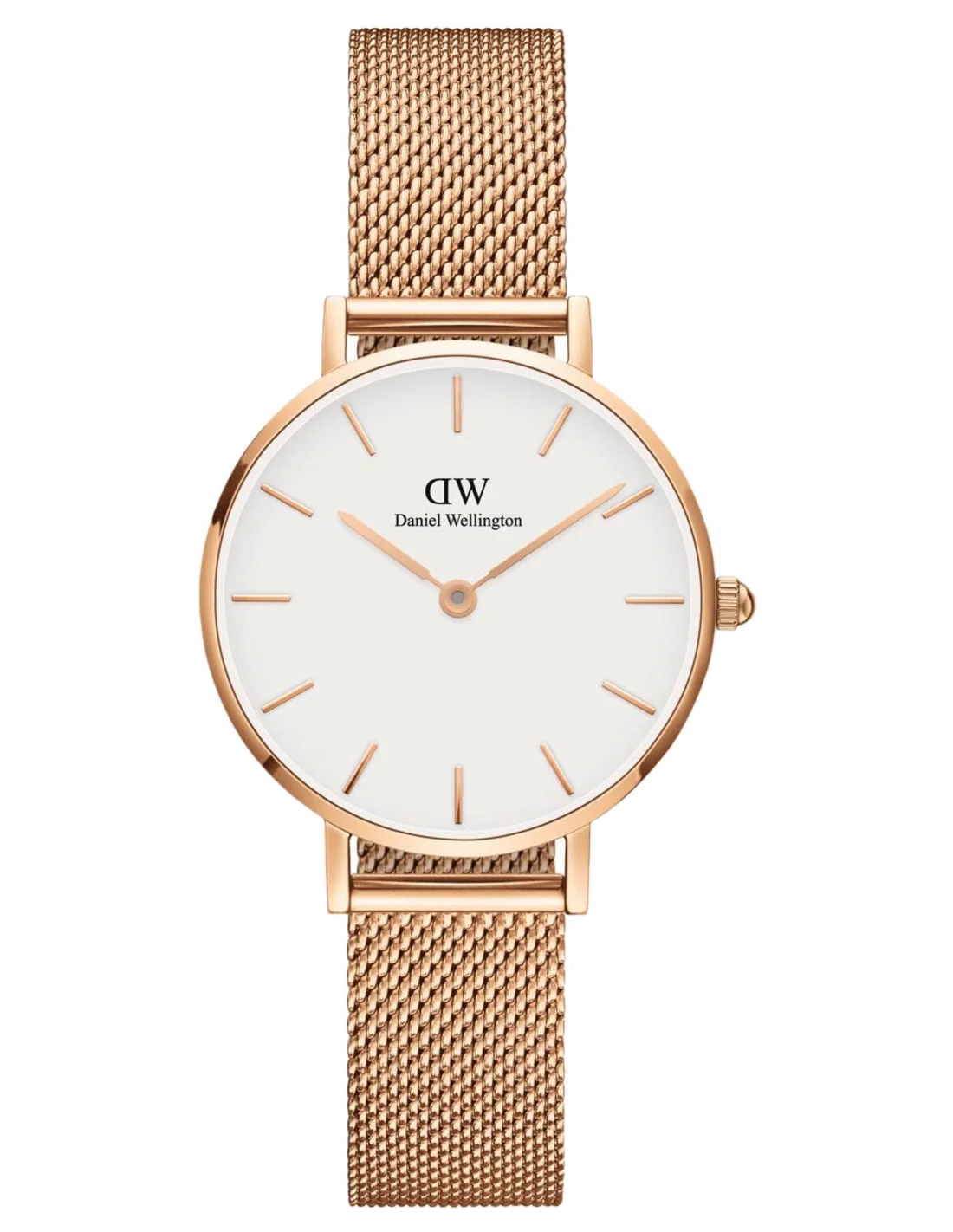 Montre Femme Daniel Wellington DW00100219 Classic Petite Melrose 28mm Cadran Blanc Bracelet Maille Milanaise Or Rose
