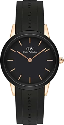 Montre Daniel Wellington DW00100426 Iconic Link 32mm, Cadran Noir, Boîtier Or Rose, Bracelet Silicone Noir - Pour Femme