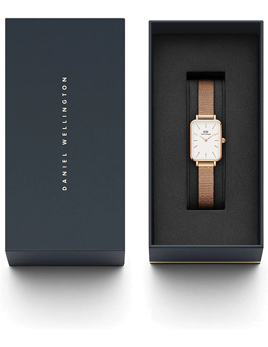 Montre Femme Daniel Wellington Quadro DW00100431 Cadran Rectangulaire Blanc Bracelet Maille Milanaise Or Rose vue 3