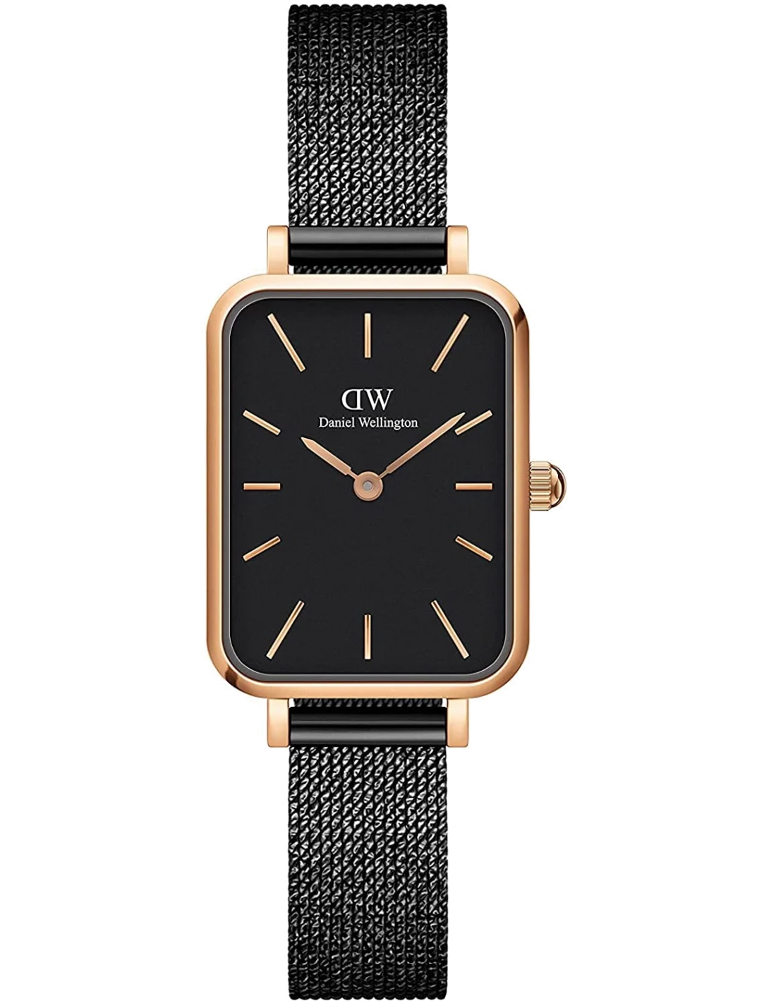 Montre Femme Daniel Wellington DW00100433 Quadro Rectangulaire Cadran Noir Bracelet Maille Milanaise Acier Or Rose