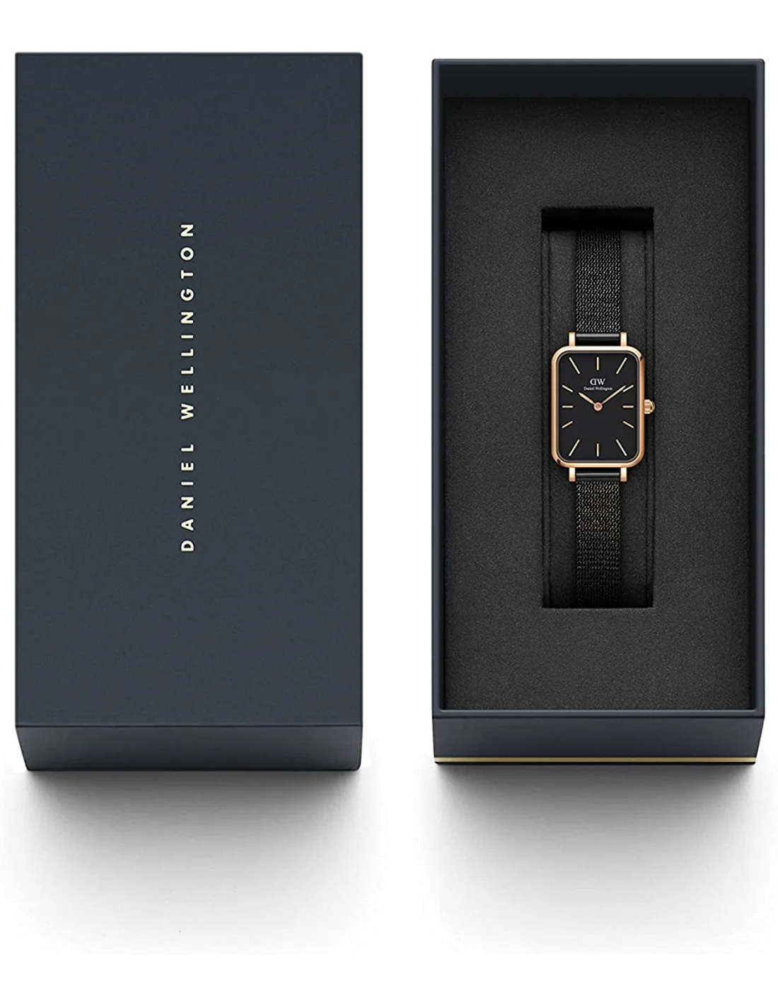 Montre Femme Daniel Wellington DW00100433 Quadro Rectangulaire Cadran Noir Bracelet Maille Milanaise Acier Or Rose vue 2
