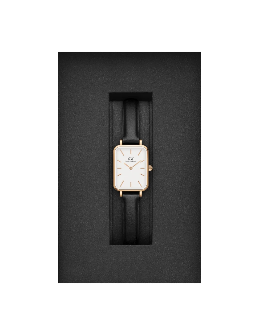 Montre Femme Daniel Wellington Quadro Pressed DW00100434 - Cadran Rectangulaire Blanc, Boîtier Or Rose, Bracelet Cuir Noir vue 3