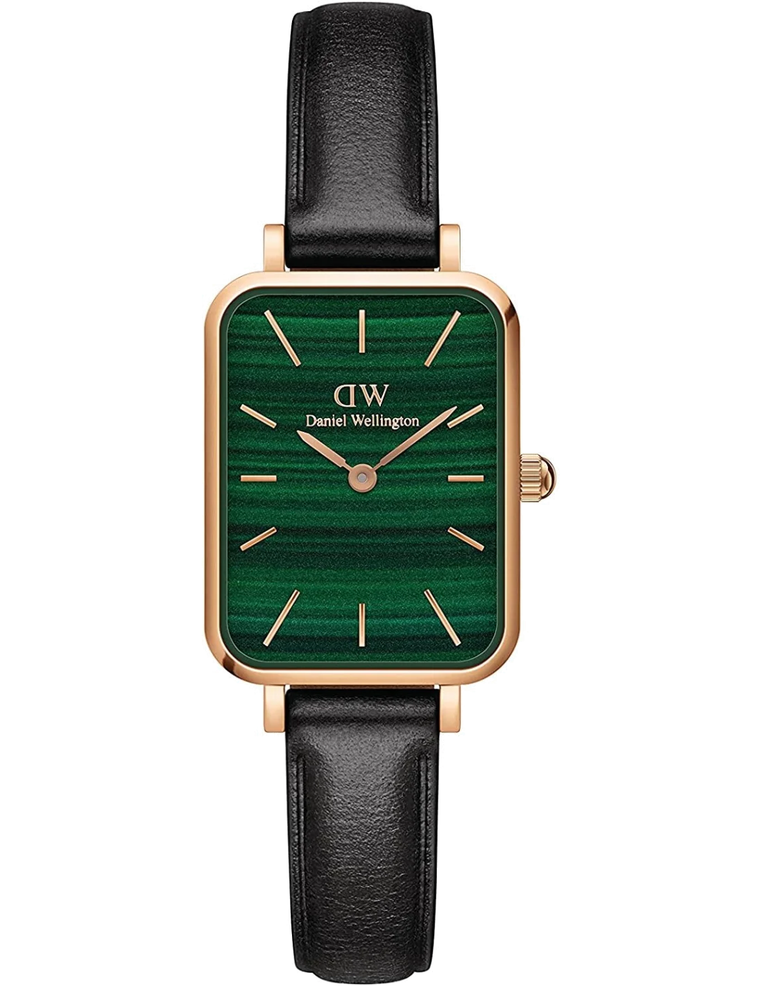 Montre Femme Daniel Wellington DW00100439 Quadro - Cadran Vert Rectangulaire, Boîtier Or Rose, Bracelet Cuir Noir