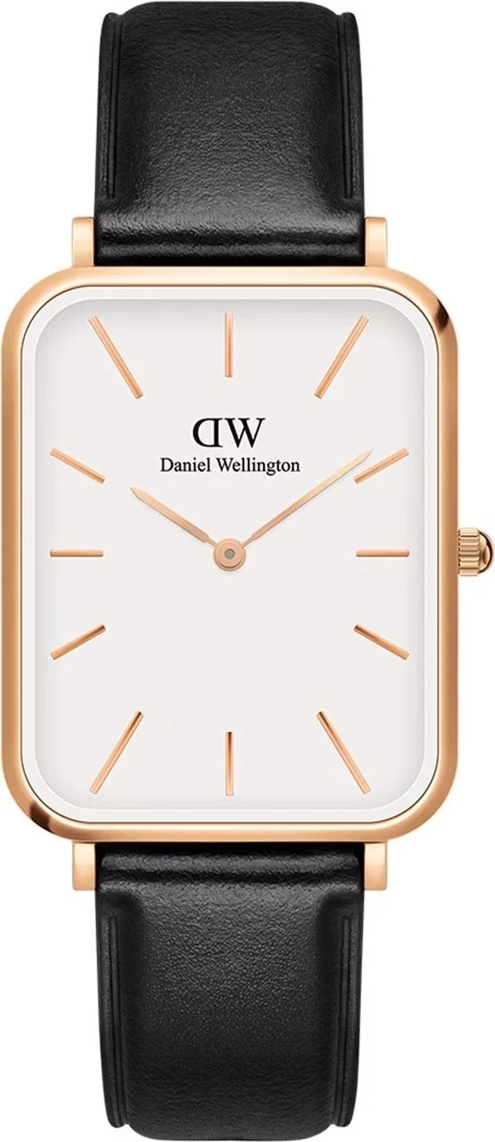 Montre Femme Daniel Wellington DW00100450 Quadro XL Cadran Blanc Rectangulaire, Boîtier Or Rose, Bracelet Cuir Noir