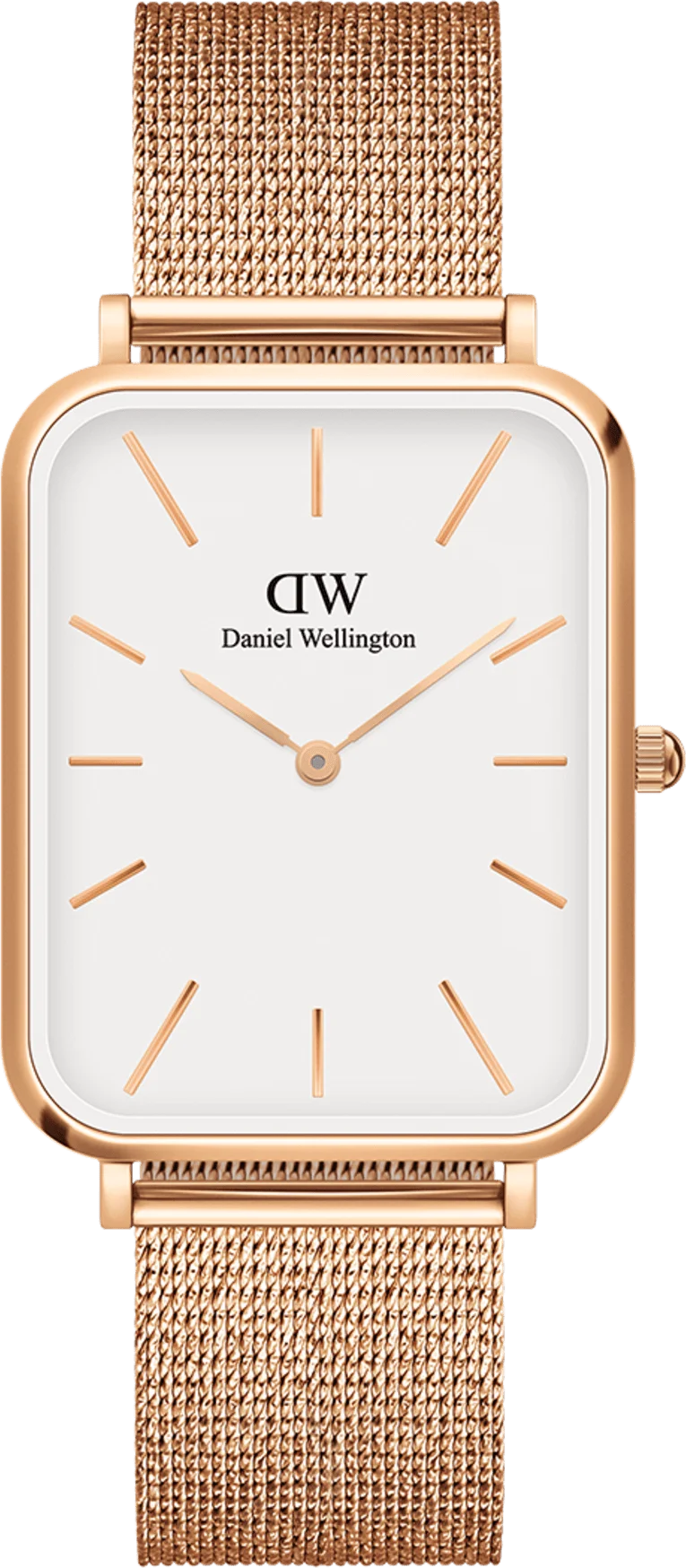 Montre Femme Daniel Wellington DW00100465 Quadro Pressed Melrose - Cadran Blanc Rectangulaire, Boîtier et Bracelet Maille Milanaise Or Rose