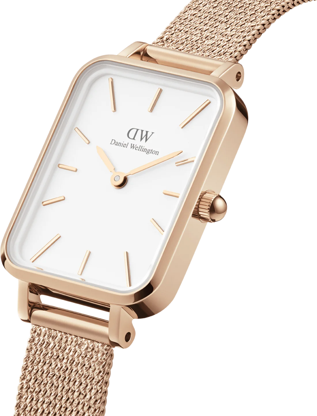 Montre Femme Daniel Wellington DW00100465 Quadro Pressed Melrose - Cadran Blanc Rectangulaire, Boîtier et Bracelet Maille Milanaise Or Rose vue 2