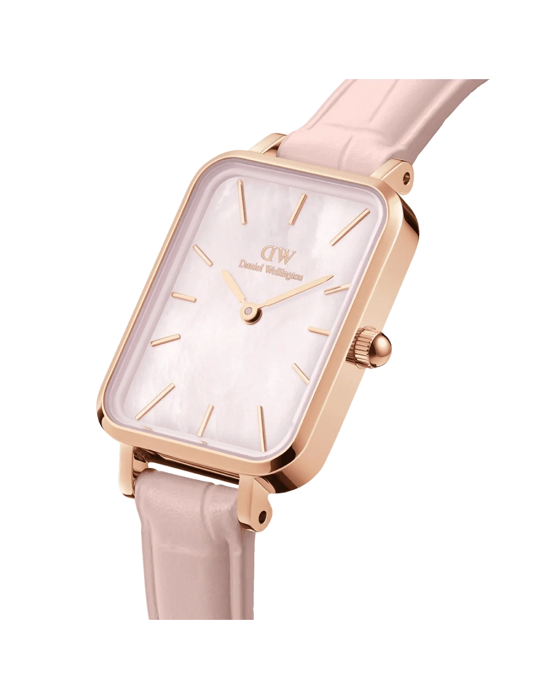 Montre Femme Daniel Wellington Quadro Pressed DW00100508 - Boîtier rectangulaire or rose, cadran nacre, bracelet maille milanaise rose vue 2