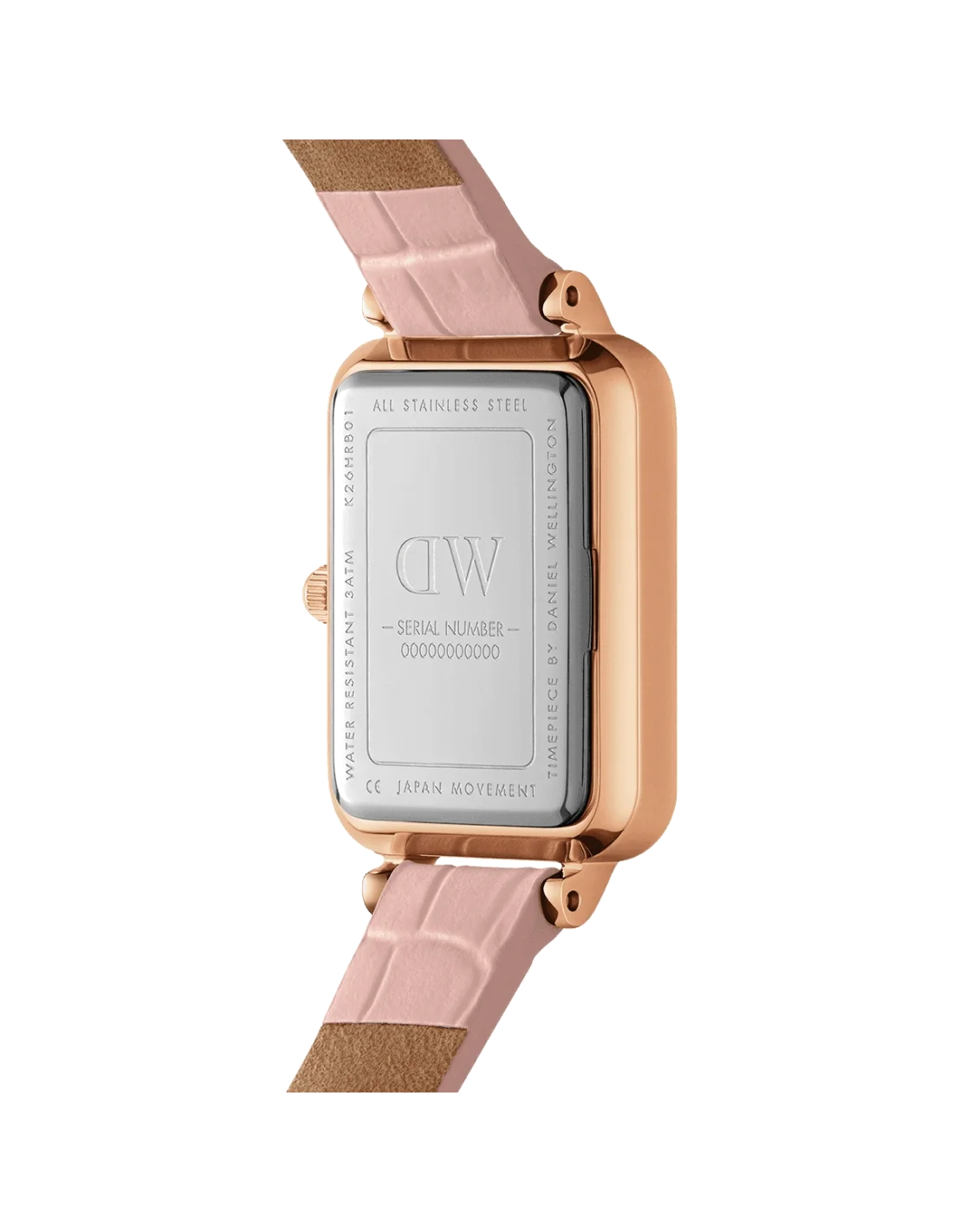 Montre Femme Daniel Wellington Quadro Pressed DW00100508 - Boîtier rectangulaire or rose, cadran nacre, bracelet maille milanaise rose vue 3