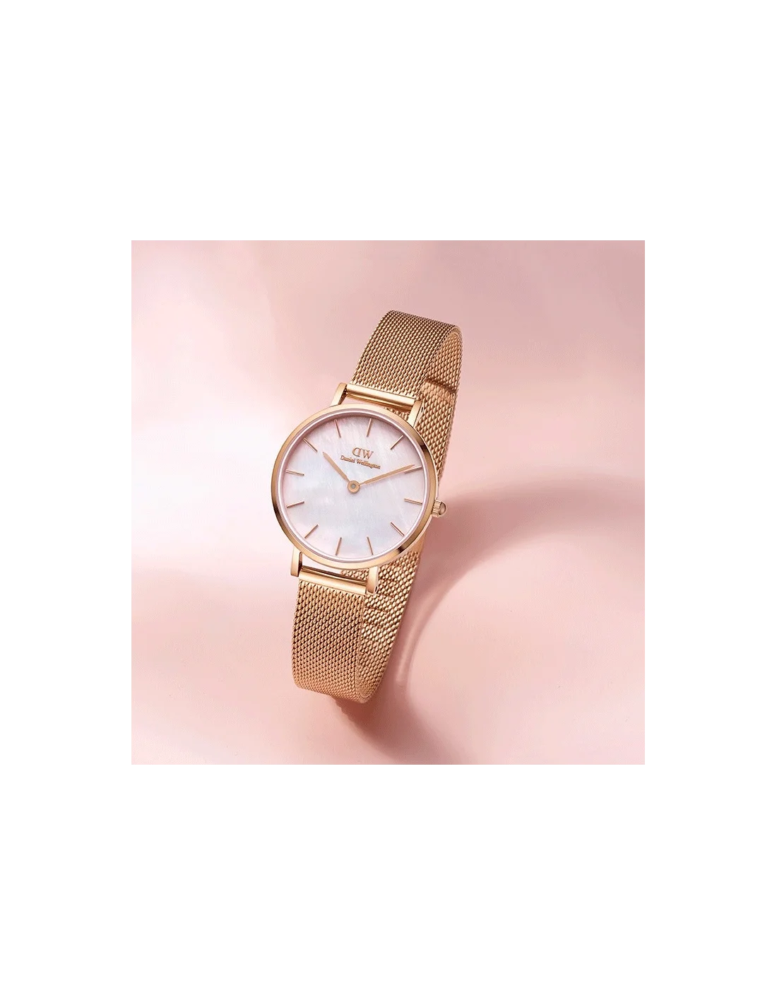 Montre Femme Daniel Wellington Petite Melrose Pearl DW00100513 - Cadran Nacré Rose 28mm, Bracelet Maille Milanaise Or Rose vue 4