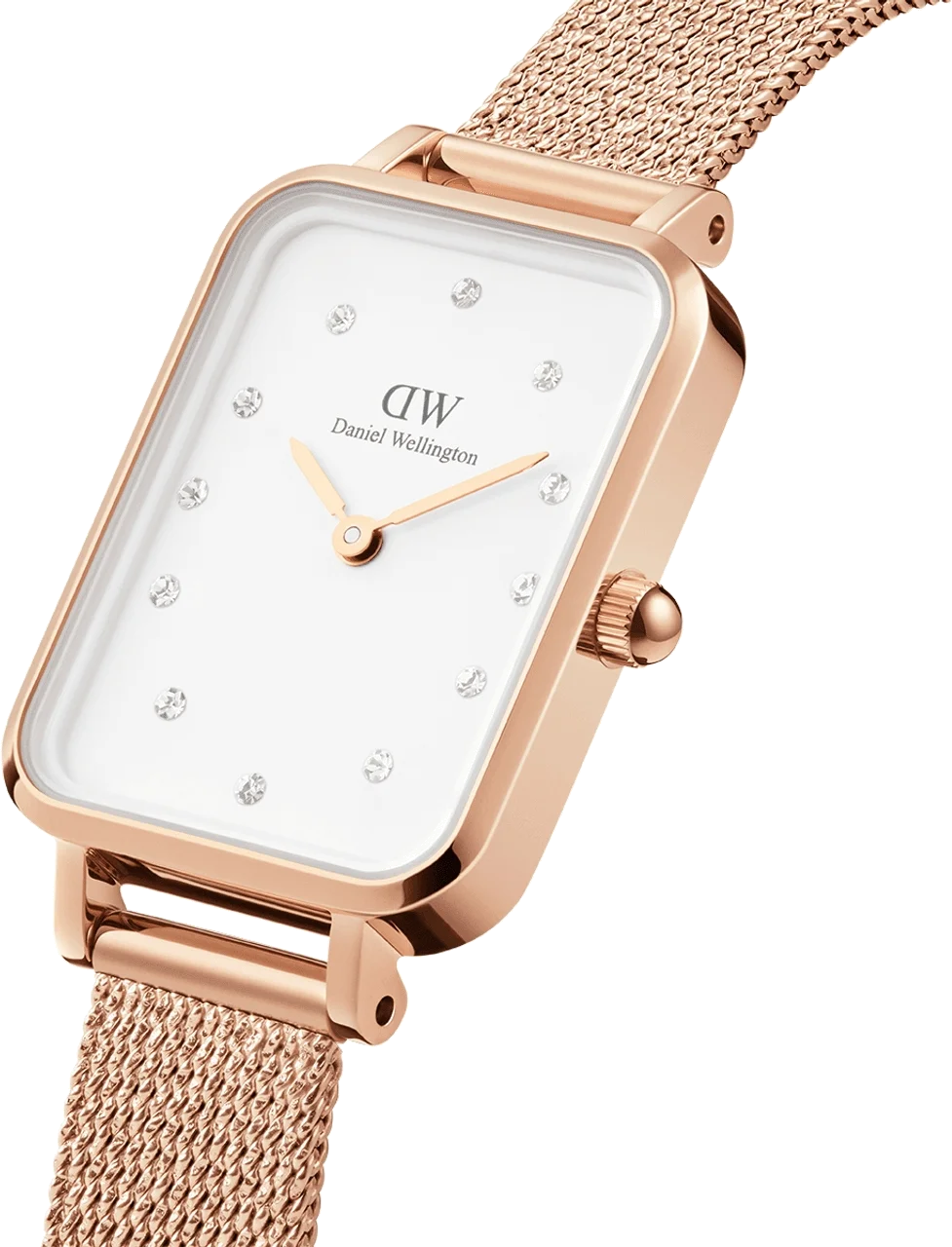 Montre Femme Daniel Wellington DW00100527 Quadro Rectangulaire Cadran Blanc Or Rose Maille Milanaise vue 2