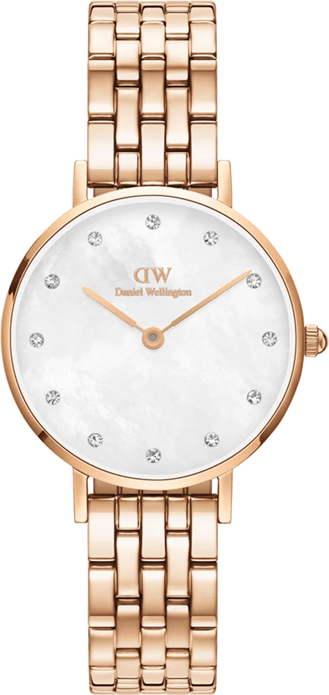 Montre Femme Daniel Wellington Petite Lumine 5-Link Melrose DW00100613, Cadran Blanc Nacré, Bracelet Acier Or Rose