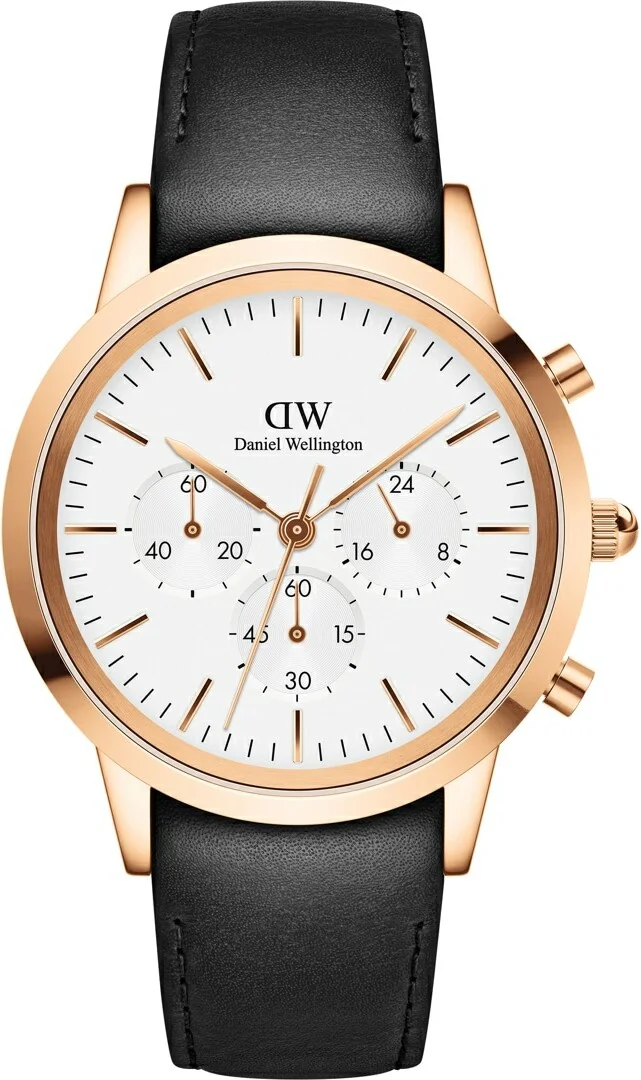 Montre Homme Daniel Wellington DW00100646 Chronographe Cadran Blanc Boîtier Or Rose Bracelet Cuir Noir