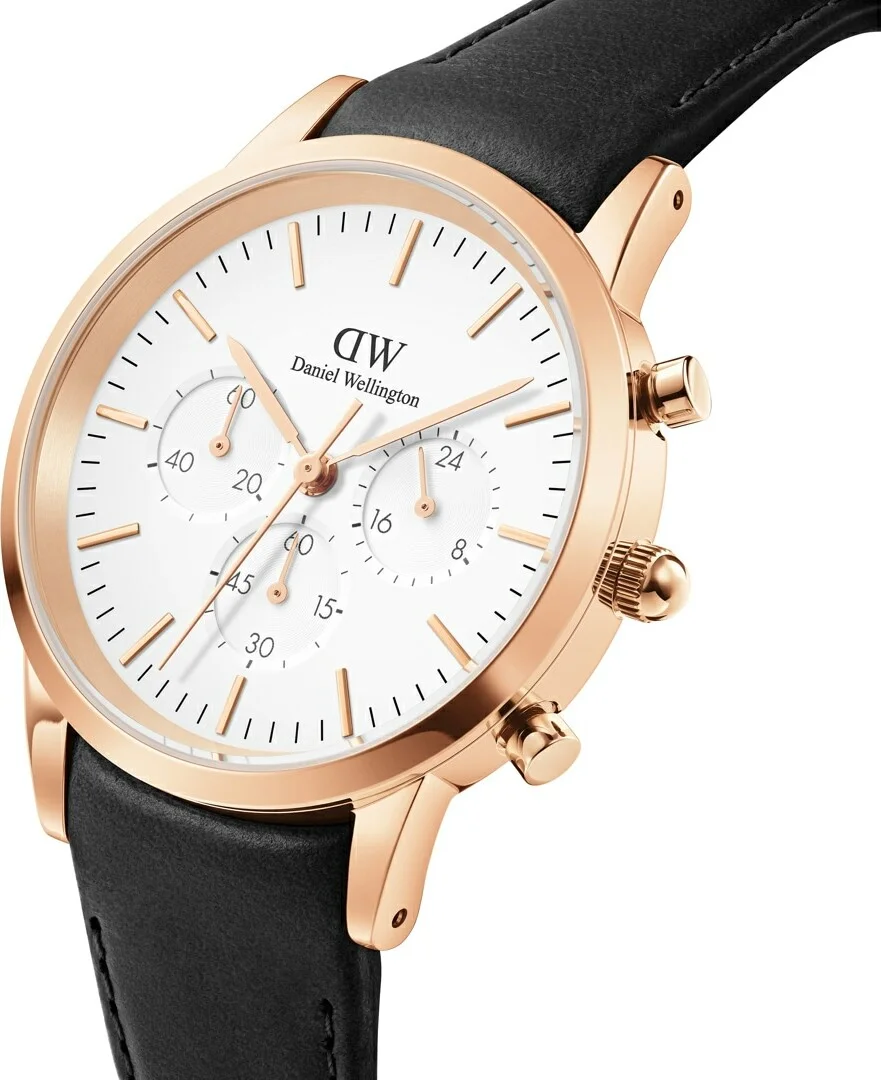Montre Homme Daniel Wellington DW00100646 Chronographe Cadran Blanc Boîtier Or Rose Bracelet Cuir Noir vue 2
