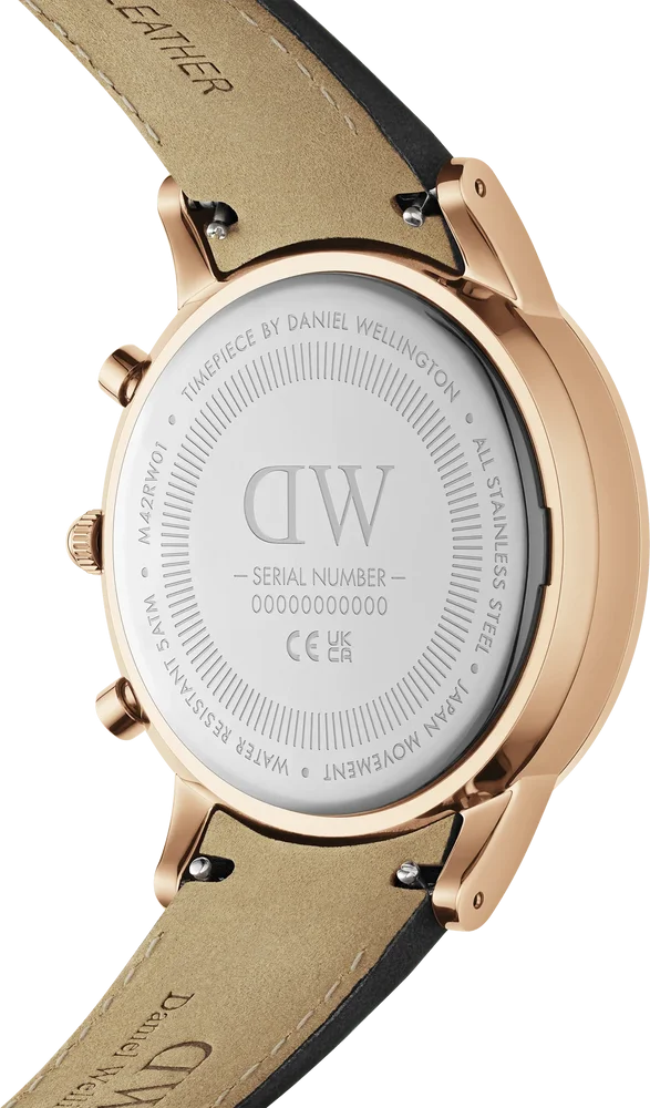 Montre Homme Daniel Wellington DW00100646 Chronographe Cadran Blanc Boîtier Or Rose Bracelet Cuir Noir vue 3