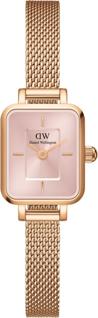 Montre Femme Daniel Wellington DW00100650 Quadro Mini - Cadran Rectangulaire Rose Nacré, Bracelet Maille Milanaise Or Rose