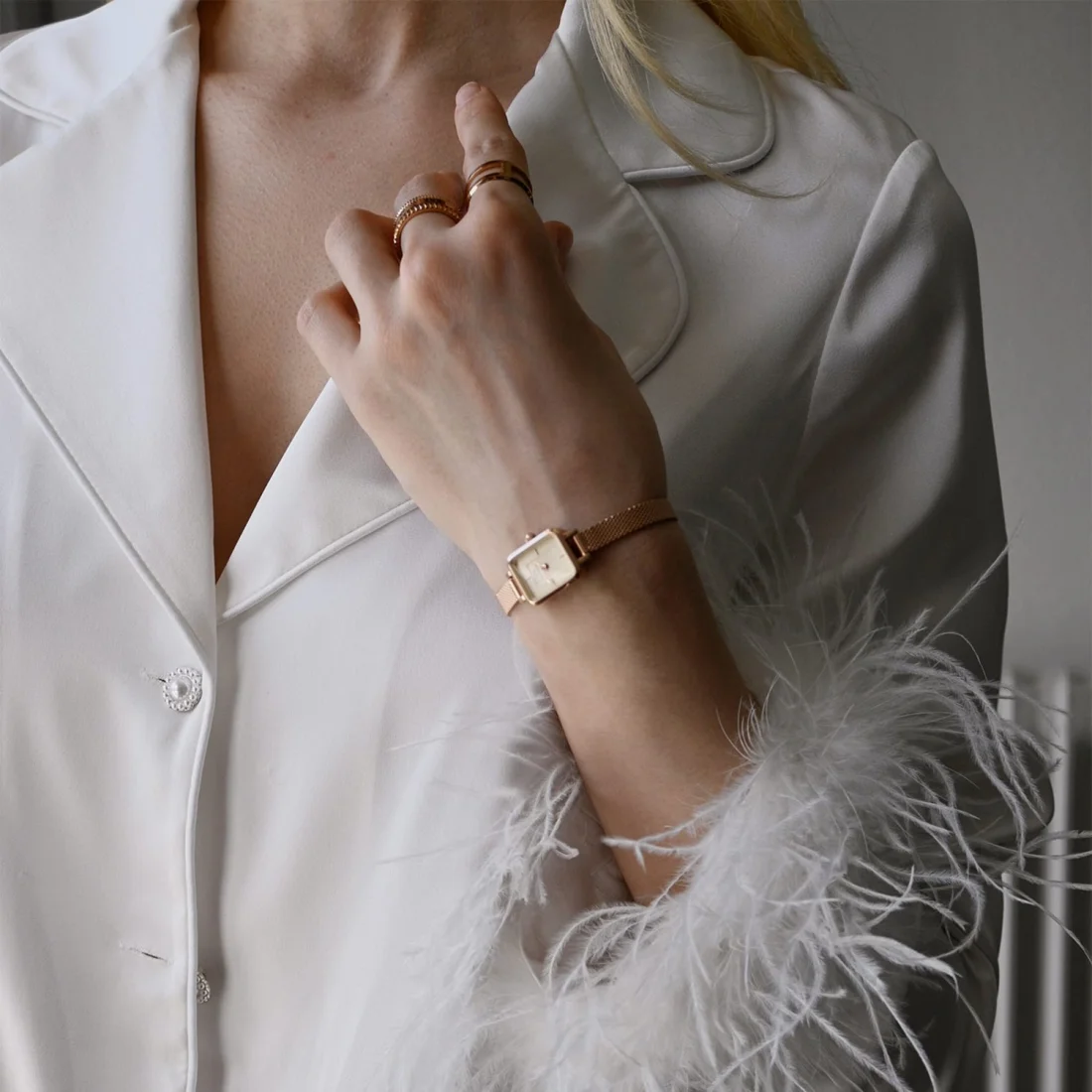 Montre Femme Daniel Wellington DW00100651 Quadro Mini Cadran Rectangulaire Blanc Or Rose Maille Milanaise vue 5