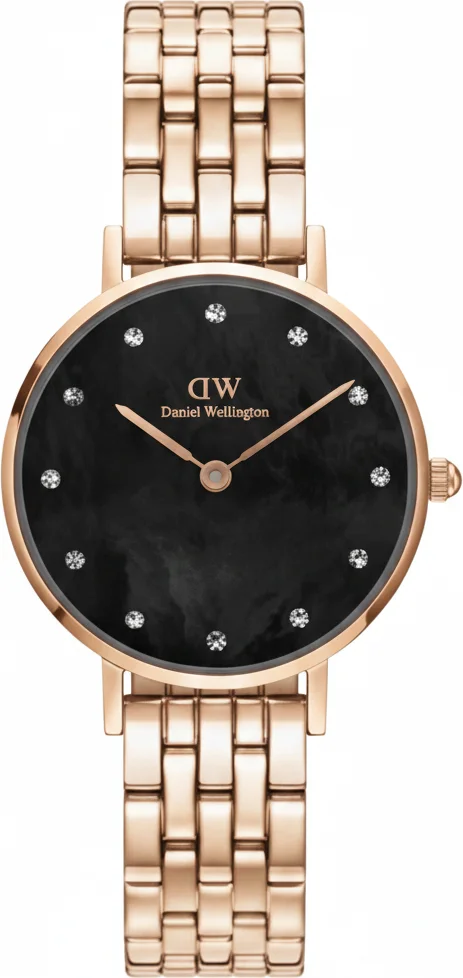 Montre Femme Daniel Wellington Petite Lumine DW00100660, Cadran Noir Nacre, Bracelet Acier Or Rose 5-Link Melrose