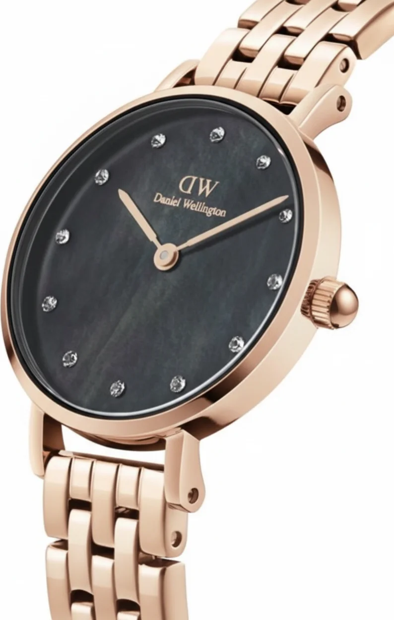 Montre Femme Daniel Wellington Petite Lumine DW00100660, Cadran Noir Nacre, Bracelet Acier Or Rose 5-Link Melrose vue 2