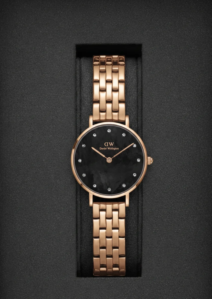 Montre Femme Daniel Wellington Petite Lumine DW00100660, Cadran Noir Nacre, Bracelet Acier Or Rose 5-Link Melrose vue 3