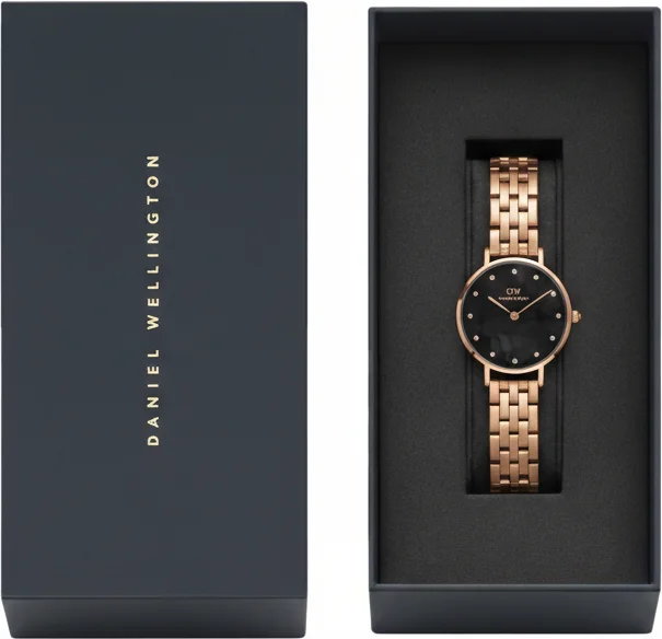 Montre Femme Daniel Wellington Petite Lumine DW00100660, Cadran Noir Nacre, Bracelet Acier Or Rose 5-Link Melrose vue 4