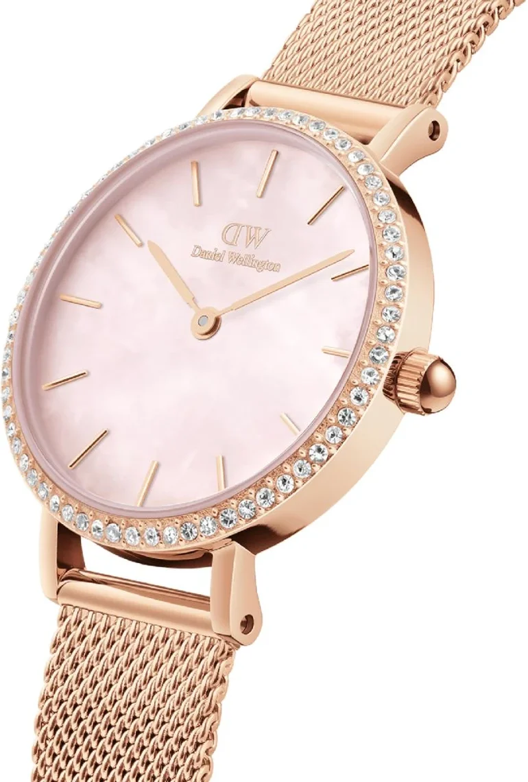 Montre Femme Daniel Wellington Petite Lumine Bezel Melrose DW00100663 - Cadran rose nacré, bracelet maille milanaise or rose vue 2