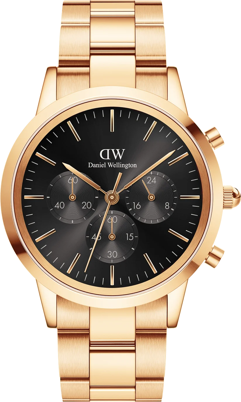 Montre Homme Daniel Wellington Iconic Chronograph 109929, Cadran Noir, Acier Doré Rose