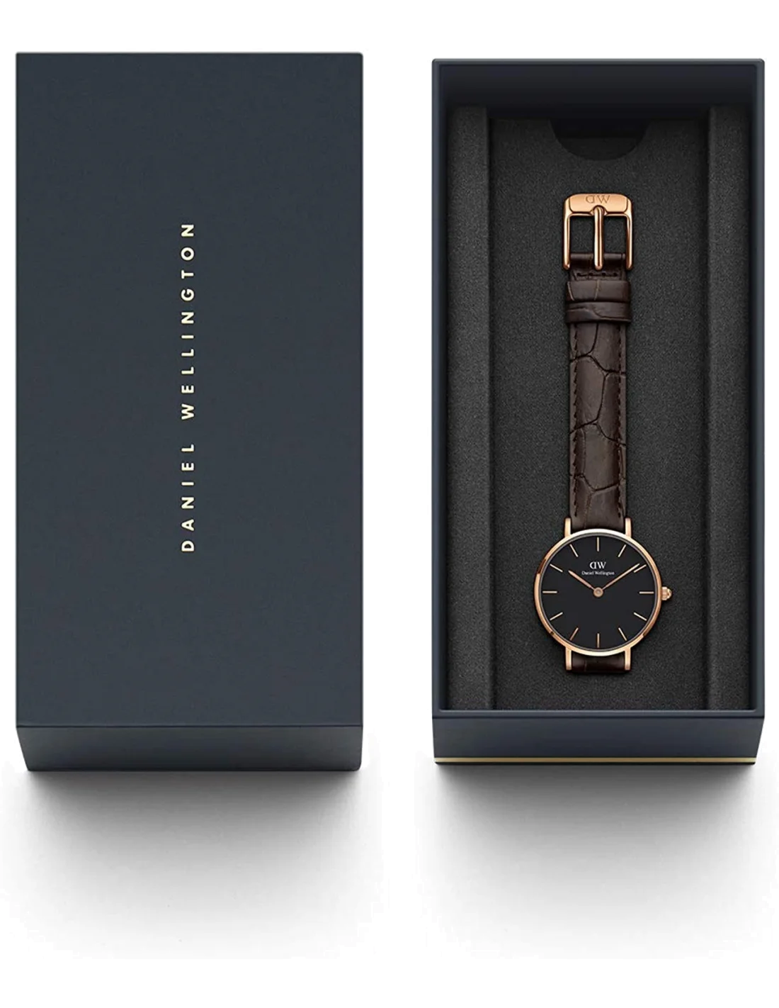 Montre Femme Daniel Wellington Classic Petite DW00100226, Cadran Noir, Bracelet Cuir Marron, Boîtier Or Rose vue 2