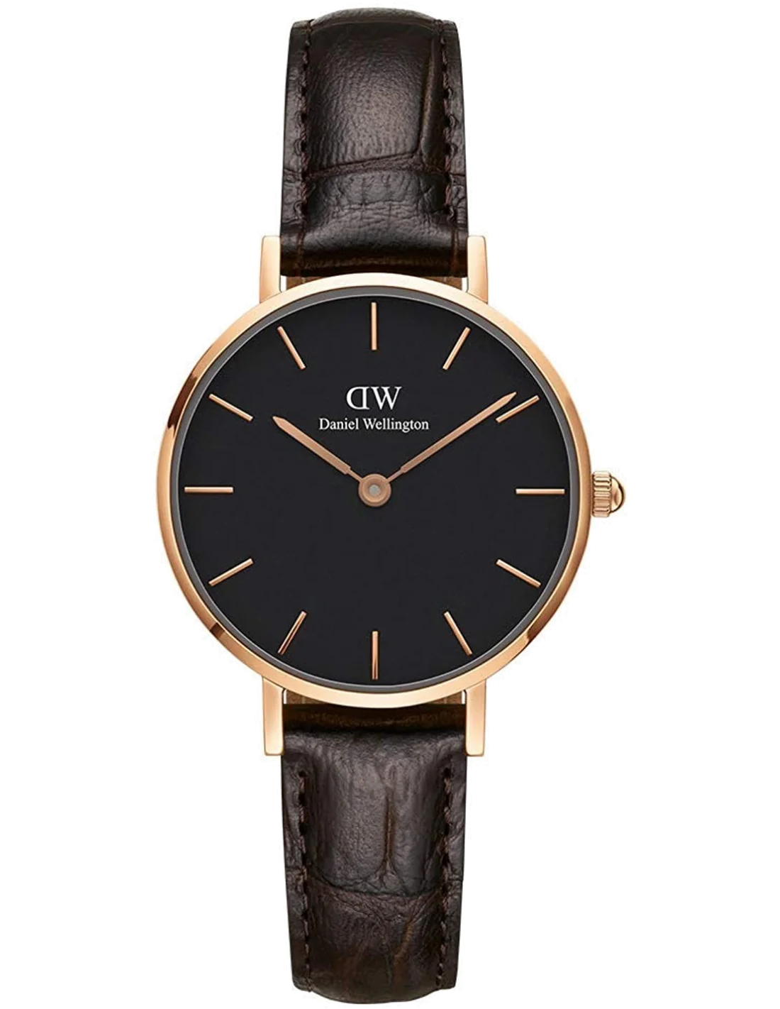 Montre Femme Daniel Wellington Classic Petite DW00100226, Cadran Noir, Bracelet Cuir Marron, Boîtier Or Rose vue 3