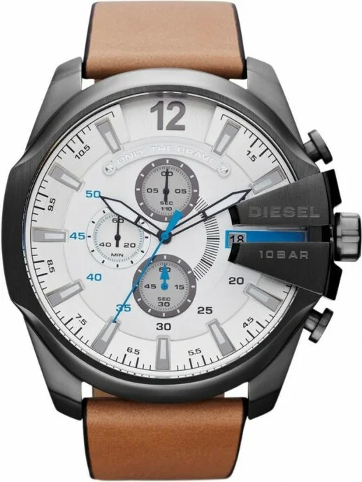 Montre Diesel Mega Chief DZ4280 pour Homme - Boîtier Noir, Cadran Blanc, Bracelet Cuir Marron vue 2