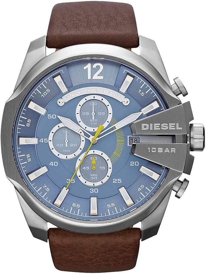 Montre Diesel Mega Chief DZ4281 pour Homme - Cadran bleu, Bracelet cuir marron