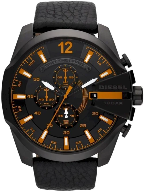 Montre Diesel Mega Chief DZ4291 pour Homme - Cadran Noir, Accents Orange, Bracelet Cuir