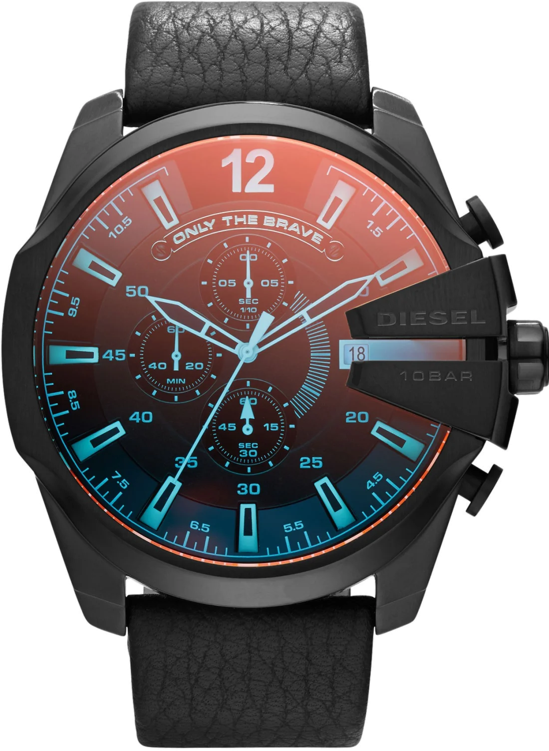 Montre Homme Diesel Mega Chief DZ4323 - Boîtier Noir Acier, Cadran Bicolore, Verre Iridescent, Bracelet Cuir Noir