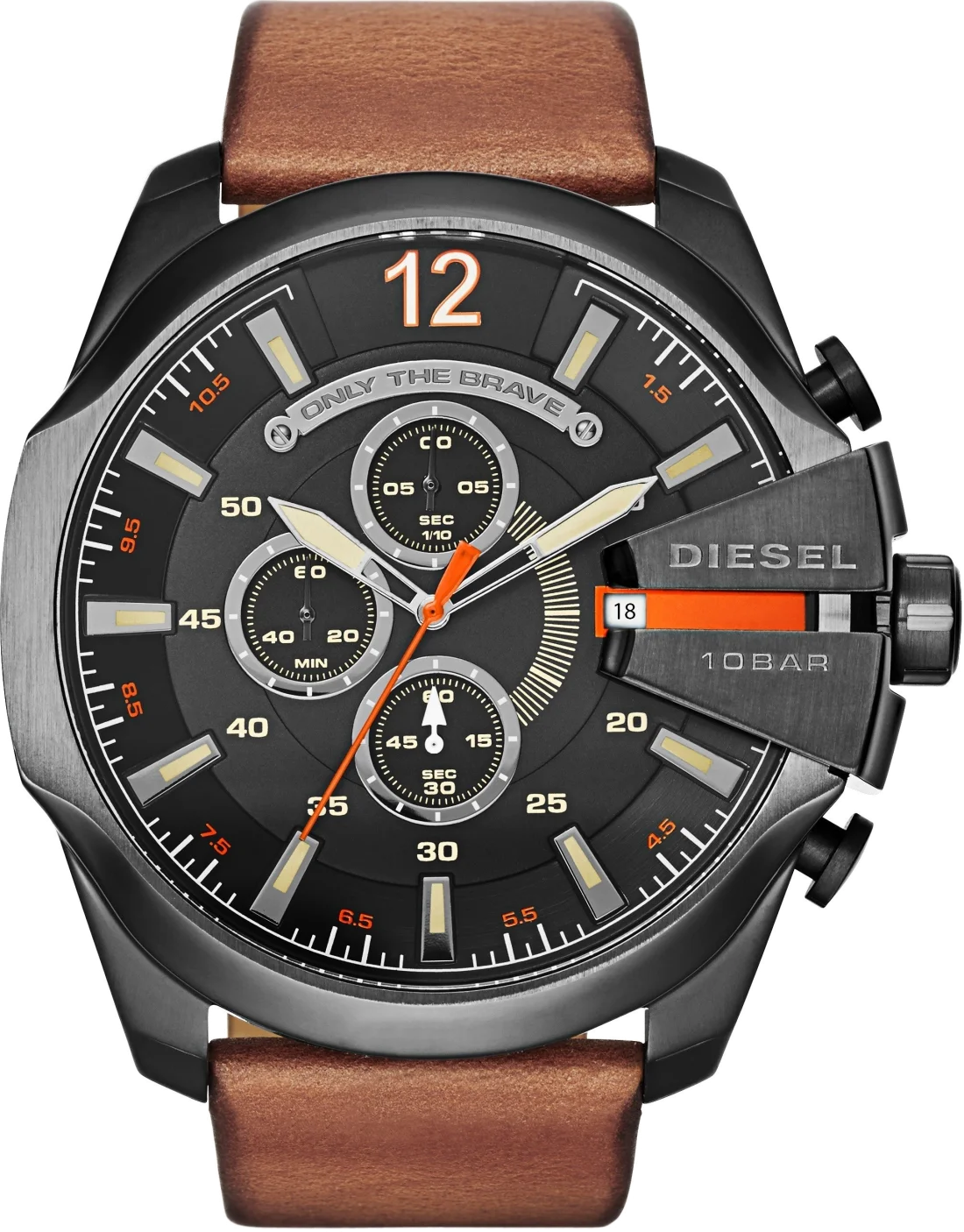 Montre Diesel Mega Chief DZ4343 pour Homme - Boîtier Acier Noir, Cadran Noir, Bracelet Cuir Marron