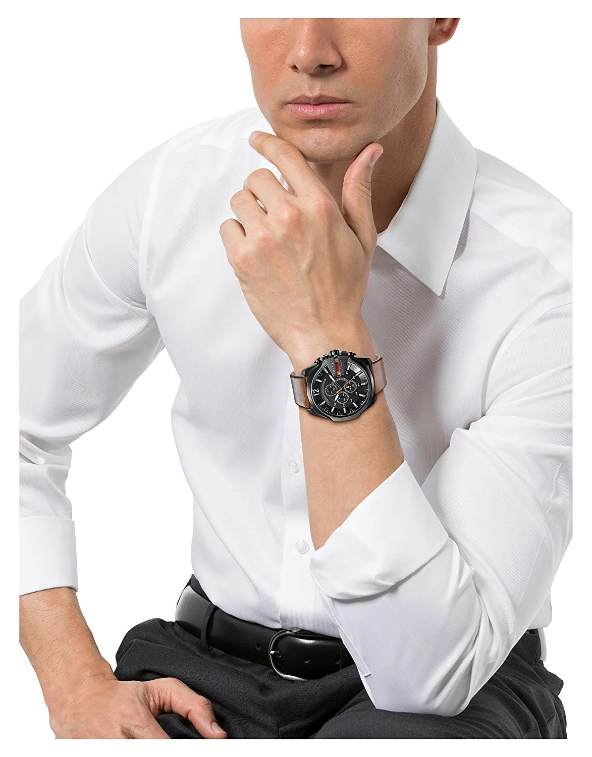 Montre Diesel Mega Chief DZ4343 pour Homme - Boîtier Acier Noir, Cadran Noir, Bracelet Cuir Marron vue 5