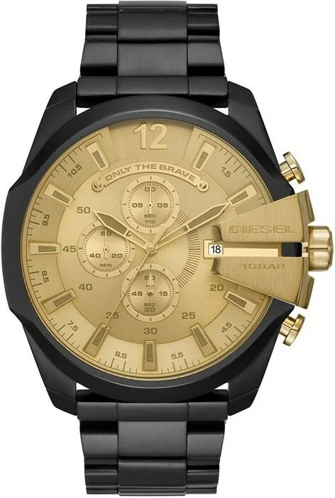 Montre Diesel DZ4485 Mega Chief Homme, Boîtier Acier Noir 51mm, Cadran Doré