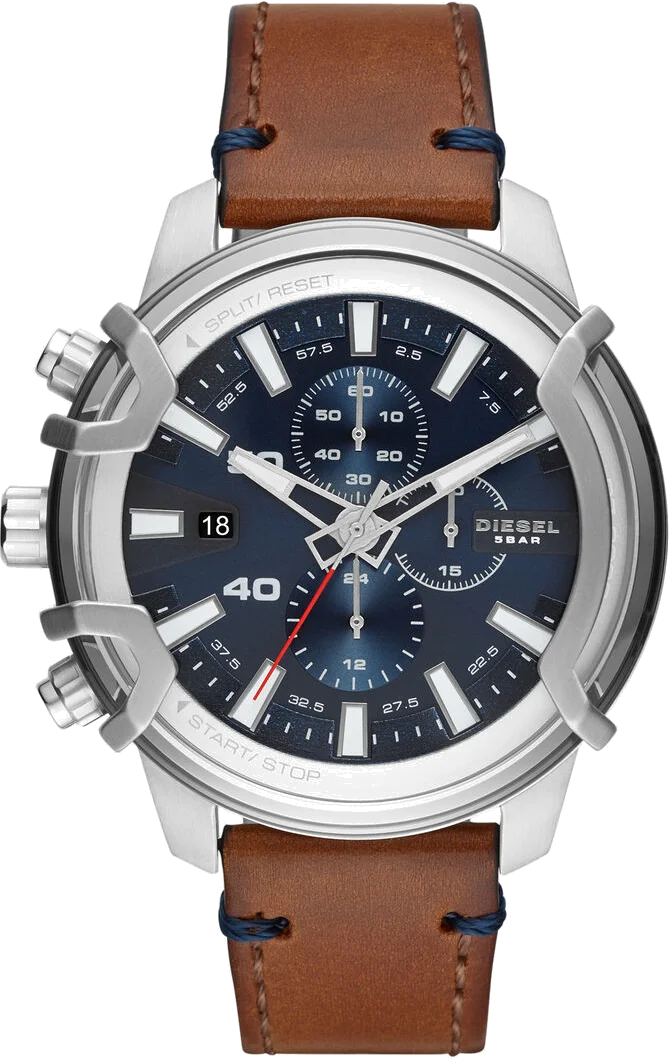 Montre Diesel Griffed DZ4518 pour Homme, Cadran Argent, Bracelet Cuir Marron