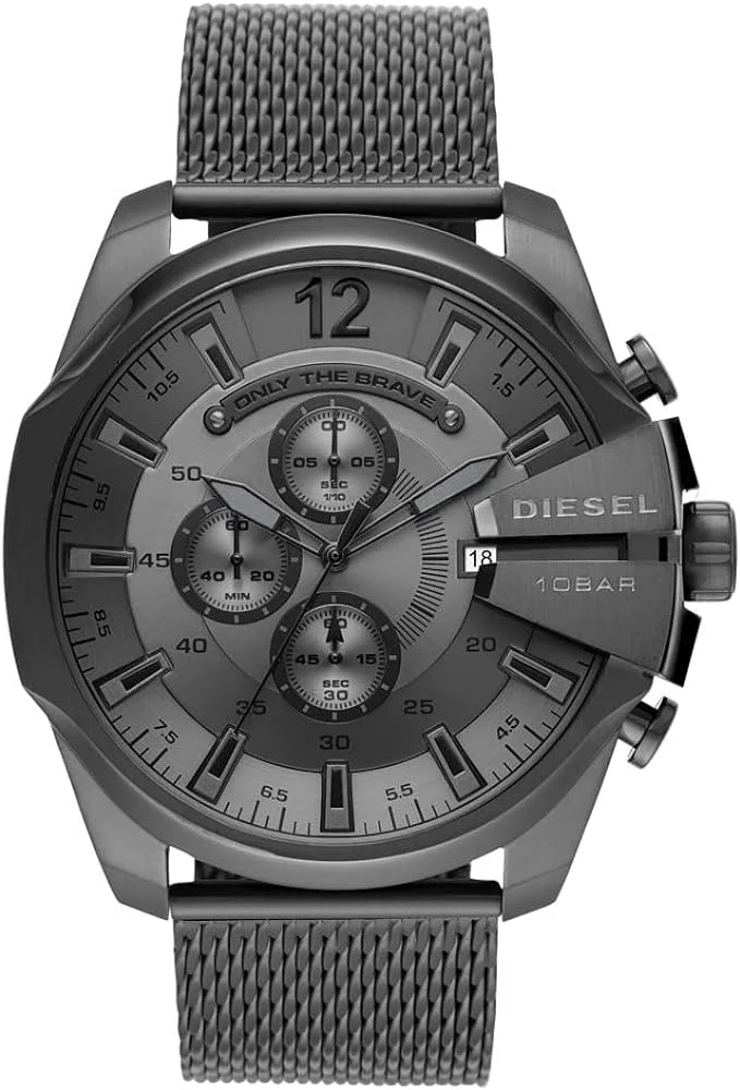 Montre Diesel DZ4527 Mega Chief Homme - Boîtier et Cadran Gris 51mm, Bracelet Maille Milanaise Noire