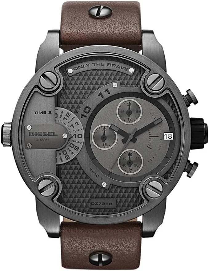Montre Diesel Big Daddy DZ7258 pour Homme, Cadran Gris et Bracelet Cuir Marron