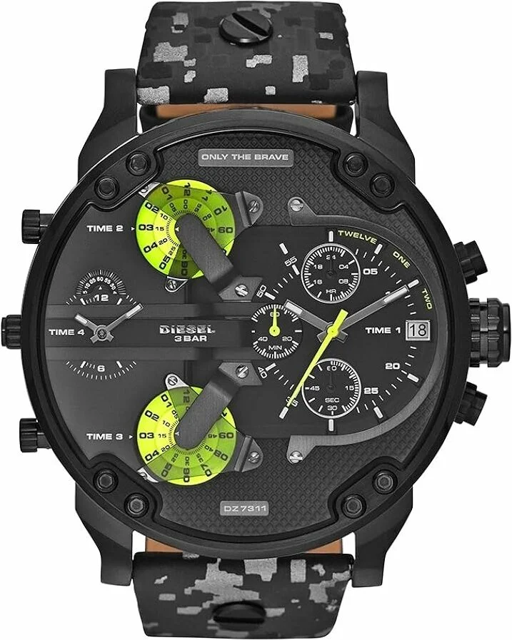 Montre Diesel Mr Daddy 2.0 DZ7311 pour Homme, Cadran 57mm Noir, Bracelet Cuir Camouflage Noir et Gris