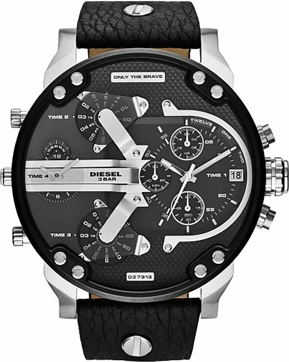 Montre Diesel Mr Daddy 2.0 DZ7313 pour Homme - Cadran XXL 66mm Noir, Boîtier Argenté, Bracelet Cuir Noir