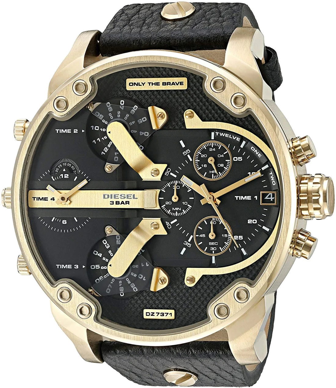 Montre Homme Diesel Mr Daddy DZ7371 - Boîtier or, cadran noir, bracelet cuir